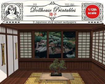 Miniature SHOJI SCREEN WALLPAPERS Printable Japanese Paper screen panel 1/12 Window zen garden scenery download for oriental Roombox Diorama