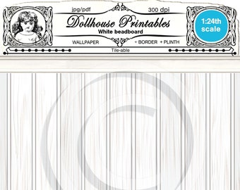 DOLLHOUSE 1/24th Printable Wallpaper White BEADBOARD Wooden planks Cottage chic Rustic style Digital sheet download for Diorama Roombox