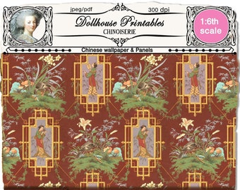 Dollhouse printable Chinoiserie wallpaper and panels Asian wallpaper sheet Download for 1/6 miniature doll's house booknook diorama roombox