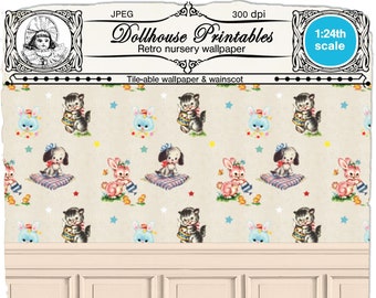 Half scale DOLLHOUSE Miniature Retro Nursery Wallpaper w/ wainscot Kid bedroom Printable wallpaper sheet download for roombox diorama