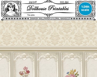 DOLLHOUSE printable Damask WALLPAPER with WAINSCOTING Digital sheet download Miniature wallpaper for 1/24th scale roombox diorama