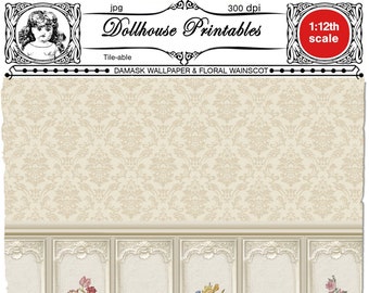 DOLLHOUSE printable Damask WALLPAPER with WAINSCOTING Digital sheet download Miniature wallpaper for 1 12th scale roombox diorama
