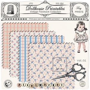 Stampe in tessuto FEEDSACK stampabile Set di 4 fogli di stampa in tessuto in miniatura da stampare a casa per cucire vestiti per la casa delle bambole Download istantaneo