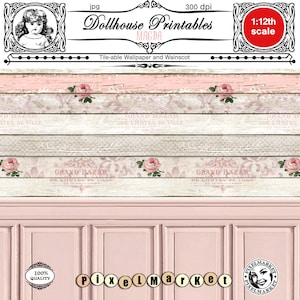 PUPPENHAUS druckbare Tapete & Täfelung Miniatur Holzbrett für 1 12th Diorama Box Digital Sheet Download