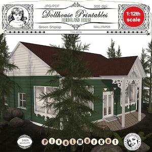 DOLLHOUSE Printable SHIPLAP wallpaper Miniature SIDING Green Clapboard Wooden plank Download for 1/12 Shelf insert Book nook Diorama Roombox