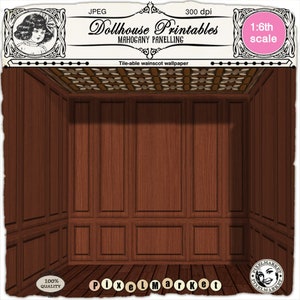 DOLLHOUSE Printable MAHOGANY PANELLING Wood panel Miniature wainscoting for 1/6th scale Doll&#39;s house Roombox Diorama Digital sheet download