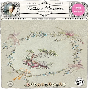 Dollhouse printable 1700s PAINTED CEILING with flowers garland & putti Download for 1/6 miniature doll&#39;s house booknook diorama roombox