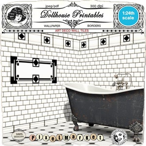 PUPPENHAUS Miniatur ART DECO Badezimmer schwarz & weiß Wandfliesen Maßstab 1/24 Digital download Printable Sheet für Diorama Roombox