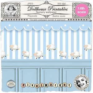 DOLLHOUSE NURSERY Carta da parati a strisce blu stampabile con bordo di pecora e boiserie per 1/6 Barbie Playscale Roombox diorama Download istantaneo