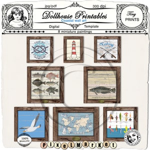May include: Eight miniature printable paintings with a coastal theme. The paintings feature a lighthouse, a world map, a seagull, fish, fishing lures, and nautical rope. The paintings are framed in brown wood with a distressed look.