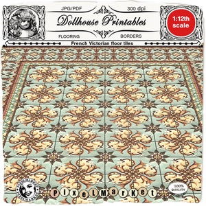 DOLLHOUSE Flooring 1/12th Scale French Victorian Floor Tiles w/ Border Printable Download Digital Sheet Floor texture  for Diorama Roombox