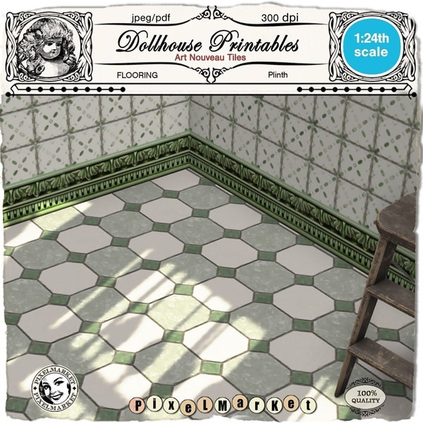 French Victorian Kitchen diorama flooring ART NOUVEAU printable green Floor Tile with Baseboard download for Half scale Dollhouse Roombox