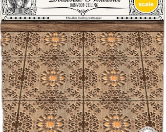 1/48 Dollhouse Printable DECORATIVE CEILING WALLPAPER Vintage Floral Wood Ceiling Tiles Instant Download for Dollhouse Roombox Booknook