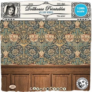 DOLLHOUSE stampabile William Morris WALLPAPER Wood Wainscot 1/24 Scarica carta da parati in miniatura vittoriana antica per Book nook Roombox Diorama