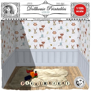 CASA DELLE BAMBOLE 1/12th Miniature Woodland Nursery Wallpaper con pannello Decorazione della camera da letto per bambini Scarica stampabile Scheda digitale per diorama roombox