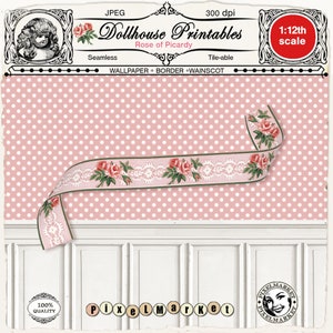 12th scale Dollhouse Printable miniature WALLPAPER with Rose floral BORDER and WAINSCOT Digital download for doll's house diorama roombox