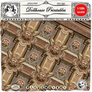Dollhouse CEILING WALLPAPER Printable miniature Italian wooden coffered ceiling download for 1/12 doll's house booknook diorama roombox