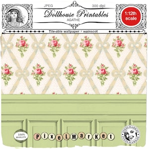 DOLLHOUSE printable WALLPAPER w/ WAINSCOTING Miniature floral wallpaper Digital sheet download for  1/12th scale roombox diorama Pixelmarket