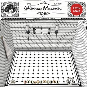 DOLLHOUSE Flooring ART DECO Bathroom 1/12 scale Black & White Floor tiles Printable download Digital sheet for Diorama Roombox image 1