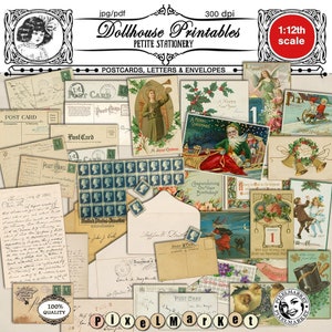 Vintage poppenhuis MAIL Afdrukbare kerstkaarten Brieven enveloppen en wenskaarten SJABLOONdownload voor Dollhouse Diorama Roombox Booknook