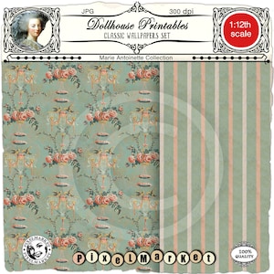 SET DI CARTE DA PARATI ROCOCO stampabili per casa delle bambole francese Sfondi floreali e a righe verde antico Scarica per diorama in miniatura 1/12