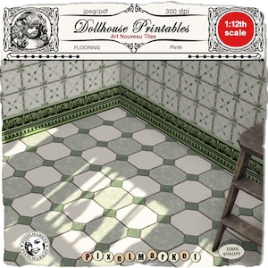 DOLLHOUSE Art Nouveau Kitchen floor tile Green Flooring w/ Elegant Baseboard Printable wallpaper download for 1/12 Miniature Diorama Roombox