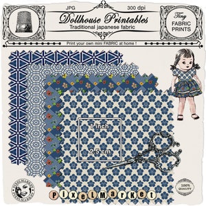 Dollhouse Miniature Japanese FABRIC Prints Printable tiny blue folk fabric sheets Instant download for 1/12 to 1/6 dollhouse miniature doll
