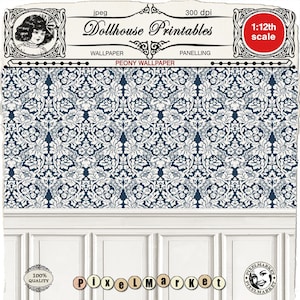 DOLLHOUSE printable Floral WALLPAPER with WAINSCOTING Digital sheet download Miniature wallpaper for 1 12th scale roombox diorama
