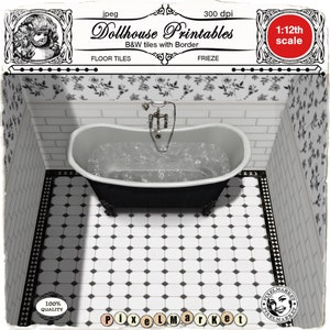 DOLLHOUSE FLOORING 1/12th Checkered Flooring and frieze Diamond floor tiles Printable download Digital sheet Diorama Roombox