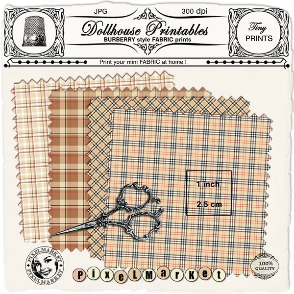 Dollhouse MINIATURE Scottish Plaid FABRIC SET Printable beige and brown Plaid Tartan fabric prints download for doll's house diorama roombox