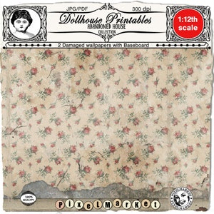 PUPPENHAUS 2er Set druckbare VERWITTERTE HINTERGRUNDBILDER Beige florale shabby Wallpapers Download für 1in Miniatur verlassenes Dekor Bücherecke Diorama