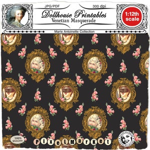 DOLLHOUSE &quot;Venetian Masquerade&quot; 1/12 Black WALLPAPER w/ golden medallions Printable sheet download for Doll&#39;s house Roombox Diorama Booknook