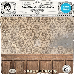May include: A printable dollhouse wallpaper and wainscot set featuring a distressed, beige damask pattern with brown accents and a wood panel wainscot. The set is 1:24th scale and is part of the Abandoned House Collection. The image includes the text "Dollhouse Printables", "Abandoned House Collection", "Damaged WALLPAPER + WAINSCOT", "Tile-able", "1:24th scale", "JPEG/PDF", "300 dpi", and "100% QUALITY".