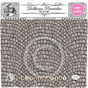 Curved COBBLESTONE floor tiles Printable miniature flooring Parisian street pavement Download for 1/6 doll&#39;s house diorama Booknook DIY