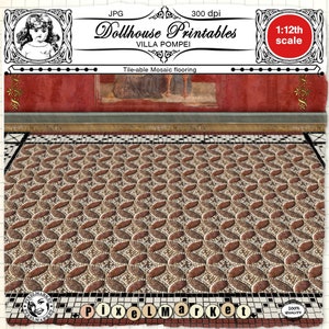 May include: A printable tile-able mosaic flooring pattern in brown, white, and beige colors. The pattern is a repeating design of rounded shapes. The image is labeled "Dollhouse Printables VILLA POMPEI 1:12th scale".