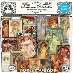 DIY Miniature PAINTINGS French Art Nouveau prints TEMPLATE Printable 1900s poster download for 1/24 Arts & Crafts Dollhouse Diorama Roombox
