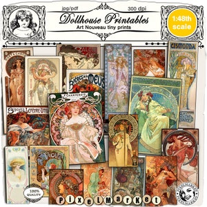 Printable Art Nouveau Mucha Posters for Dollhouse - Instant Download of 1900s French miniature Paintings for 1/48 Scale Diorama or Roombox