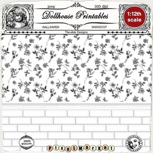 Peut inclure: Papier peint imprimable noir et blanc pour maison de poupée avec un motif répétitif de petites roses et de feuilles. Le papier peint est conçu pour une maison de poupée à l'échelle 1:12.