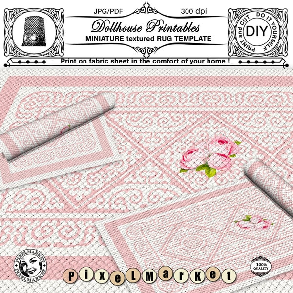 Dollhouse miniature Aubusson RUG Printable carpet Digital template to download and print at home on fabric sheet  Many sizes included