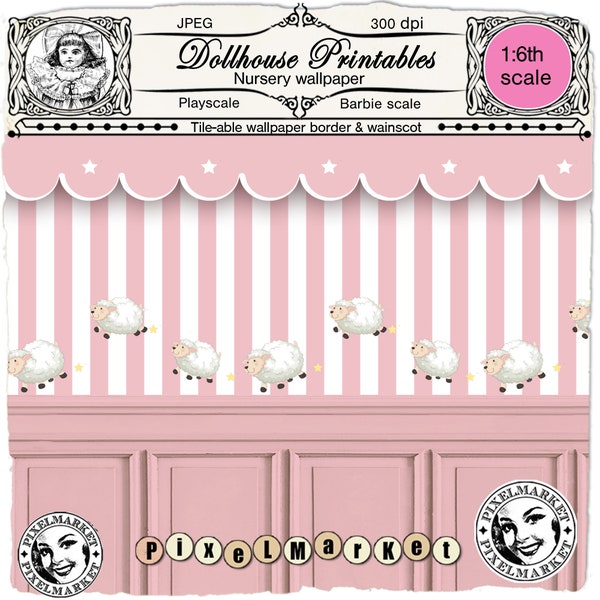 DOLLHOUSE printable NURSERY wallpaper with border and wainscot for 1/6 Barbie Playscale miniature Digital download Roombox diorama