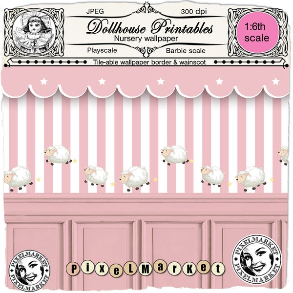 Papier peint rayures roses et boiserie pour maison de poupées au format 1/6e Barbie pour nurserie Feuille digitale imprimable à télécharger