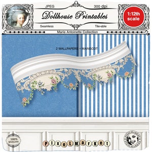 SFONDI stampabili per case delle bambole, WAINSCOT e BORDO floreale Carta da parati in miniatura Download digitale per roombox diorama della casa delle bambole in scala 1/12