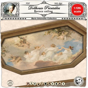May include: A printable design for a dollhouse ceiling, featuring a rococo style painting of angels in a cloudy sky. The design is part of the Marie Antoinette Collection and is intended for 1:12th scale dollhouses.