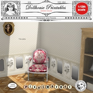 FRENCH DOLLHOUSE Wallpaper Printable beige trellis wallpaper and wainscot Digital sheet Instant download for 1 inch scale diorama roombox