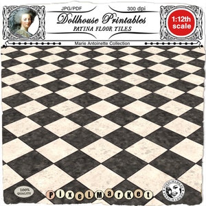 DOLLHOUSE FLOORING with patina 1/12th Black & Ivory Checkered diamond Floor tiles Printable sheet download for Diorama Roombox DIY Book nook