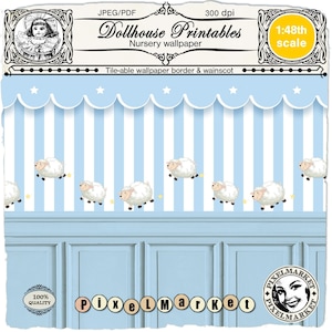 DOLLHOUSE CARTA DA PARATI stampabile a strisce blu NURSERY con bordo di pecora e zoccolatura per 1/48 Casa delle bambole Roombox diorama Download immediato