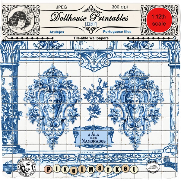 DOLLHOUSE Printable Azulejos Portuguese tiles miniature WALLPAPER border & paneling  Digital sheet download for 1/12th diorama roombox