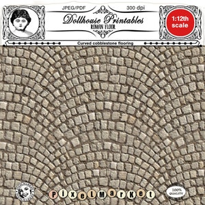 Puede incluir: Un patrón imprimible para un suelo de adoquines curvos, adecuado para proyectos de casas de muñecas. El patrón está diseñado para una escala de 1:12 y es de 300 dpi. La imagen muestra un primer plano del patrón de adoquines.