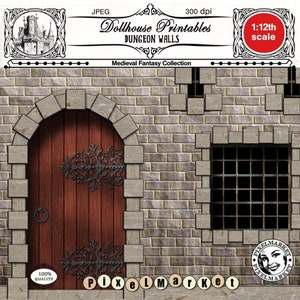 CASTLE DIORAMA WALLPAPER Set Medieval Dungeon Stone Wallpaper w/ Door & Window, Printable Stone Wall Instant Download for Dollhouse Roombox