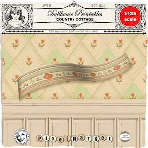 Dollhouse printable miniature Country cottage floral WALLPAPER w/ BORDER & WAINSCOT Instant download for 1/12 doll&#39;s house diorama roombox